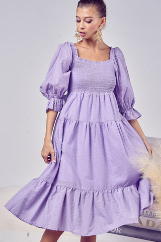 Flounce Sleeve Smocked Tiered Midi Dress