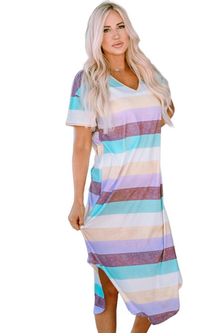 Striped V-Neck Curved Hem Midi Dress