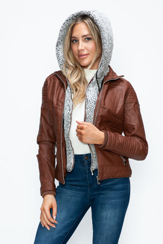 MI Faux Layered Double-Zipper Jacket with Fuzzy Hood