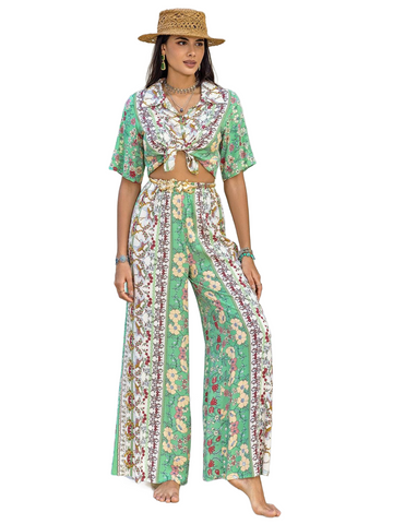 Printed Half Sleeve Top and Wide Leg Pants Set