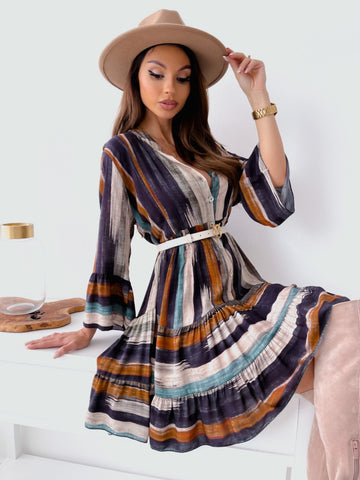 Buttoned Striped Long Sleeve Mini Dress