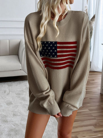 US Flag Round Neck Long Sleeve Knit Top