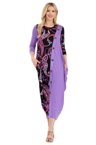 Full Size Paisley Contrast Midi Dress with Pockets