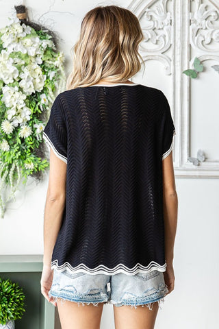 Full Size Contrast Wavy Crochet Drop Shoulder Knit Top