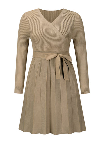 Surplice Neck Tie Front Pleated Sweater Dress