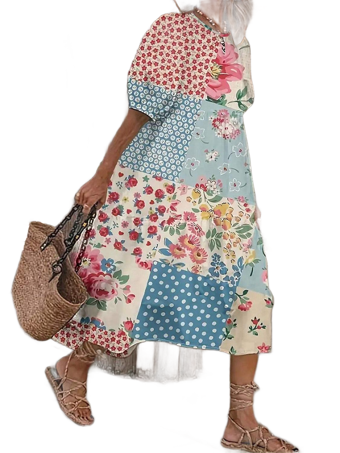 Patchwork Printed Round Neck Midi Dress