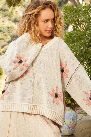 V-Neck Floral Pattern Chenille Sweater