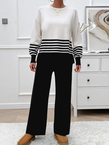 Slit Striped Round Neck Top and Pants Sweater Set