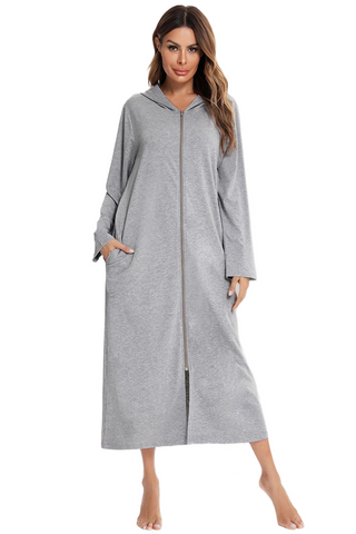 Zip Front Hooded Night Dress with Pockets