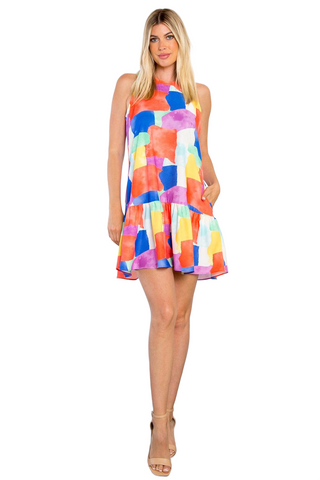 Abstract Print Ruffle Hem Mini Dress with Pockets