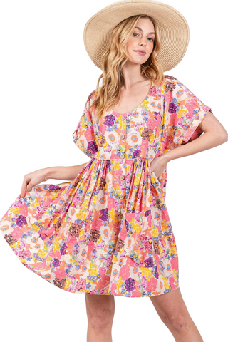 Floral Short Sleeve Baby doll Dress with Pockets