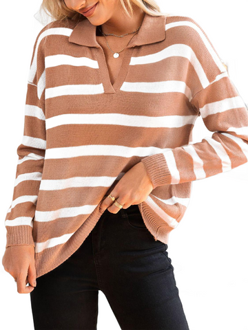 Striped Johnny Collar Long Sleeve Sweater