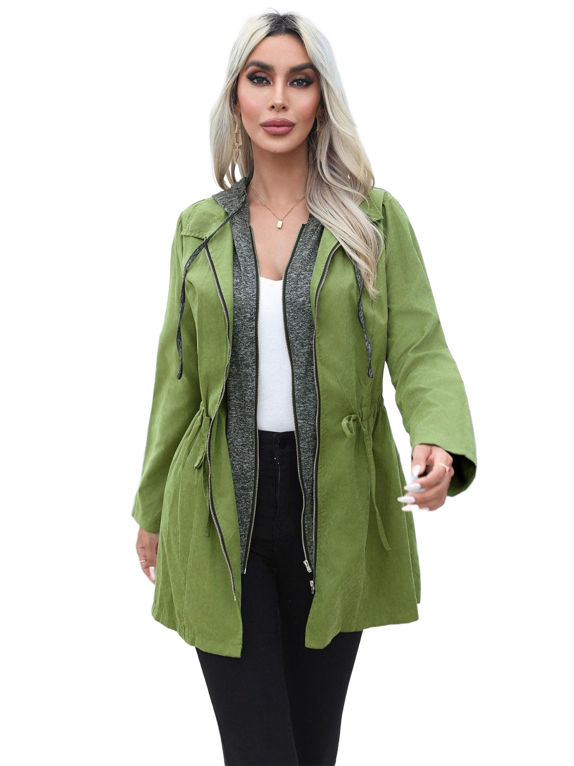 Zip Up Drawstring Hooded Trench Coat