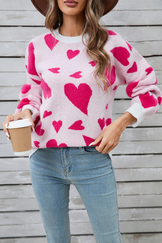 Heart Contrast Round Neck Long Sleeve Sweater