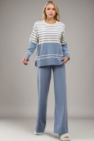 Basic BAE Striped Round Neck Long Sleeve Top and Pants Sweater Set