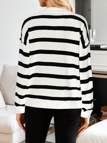 Striped Johnny Collar Long Sleeve Sweater