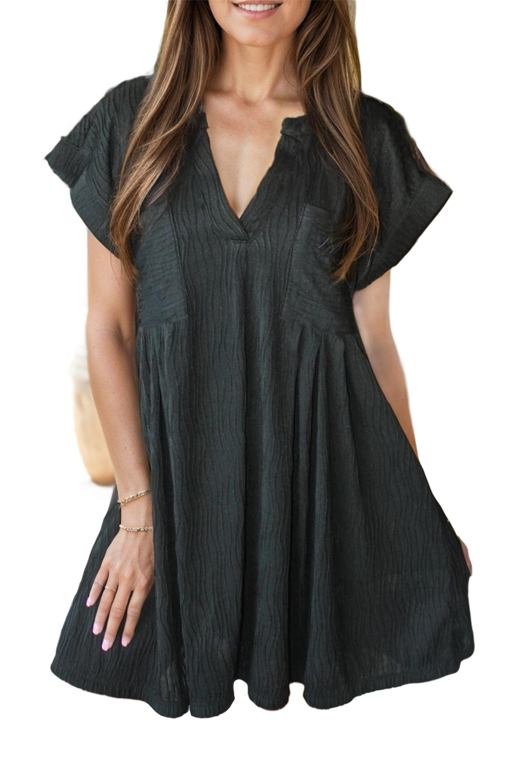 Textured Notched Cap Sleeve Dress