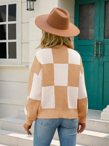 Checkered Round Neck Dropped Shoulder Sweater