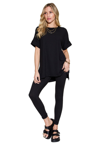 Plus Size Short Sleeve Slit T-Shirt and Leggings Lounge Set