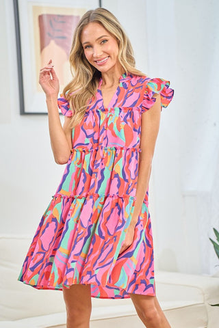 Full Size Printed Ruffle Cap Sleeve Tiered Dress