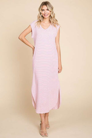 Full Size Striped V-Neck Slit Dress with Pockets