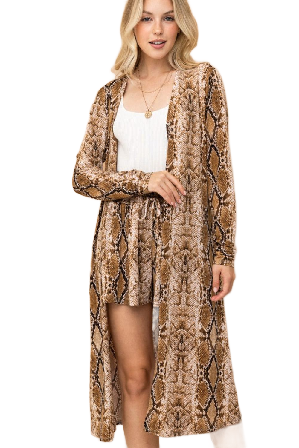 Snake Print Kimono Open Front Longline Cardigan