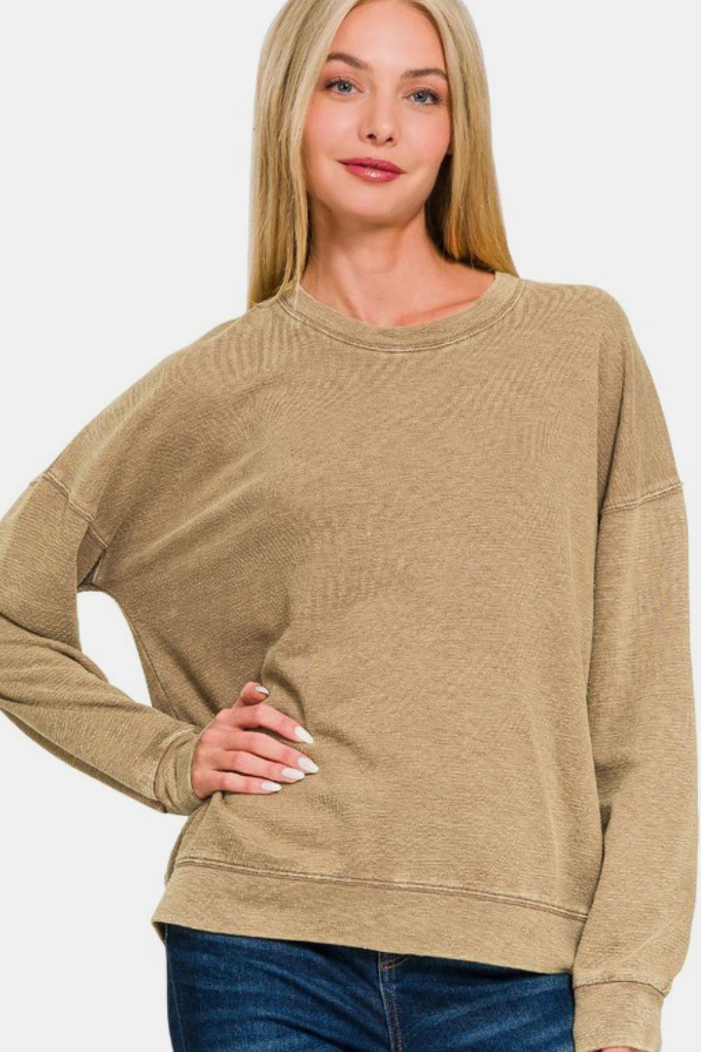 Ze nana Washed Round Neck Dropped Shoulder Sweatshirt