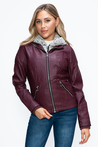 PMI Faux Layered Double-Zipper Jacket with Fuzzy Hood