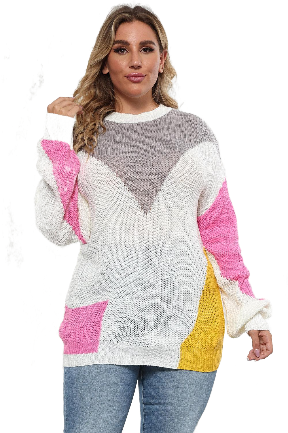 Plus Size Color Block Round Neck Sweater