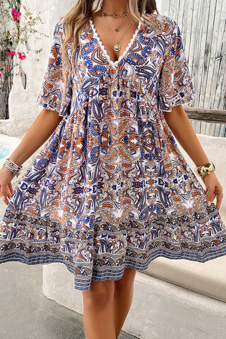 Printed V-Neck Half Sleeve Mini Dress