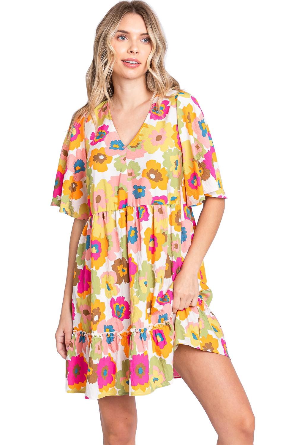 Floral V-Neck Ruffle Hem Mini Dress