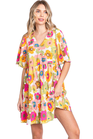 Floral V-Neck Ruffle Hem Mini Dress