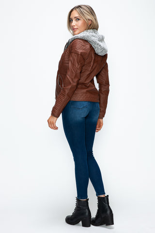 MI Faux Layered Double-Zipper Jacket with Fuzzy Hood