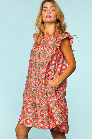 Full Size Ruffled Printed Dress with Side Pockets