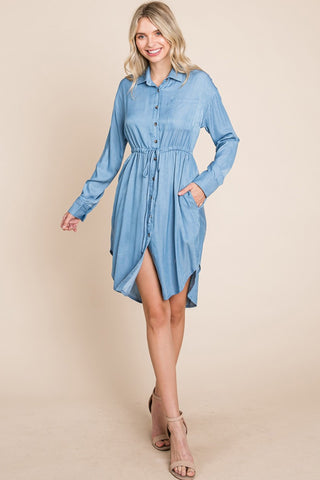 Button Up Drawstring Shirt Dress