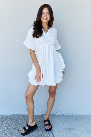 Full Size Ruffle Hem Dress with Drawstring Waistband in White