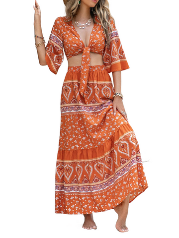 Printed Plunge Half Sleeve Top and Skirt Set