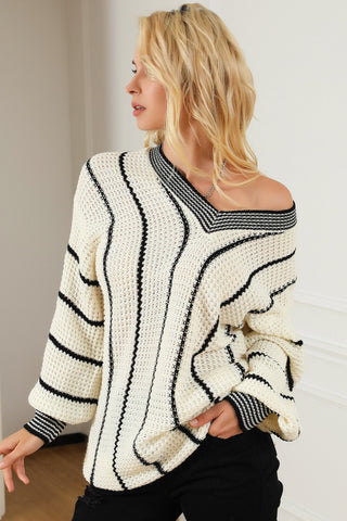 Striped V-Neck Dropped Shoulder Sweater