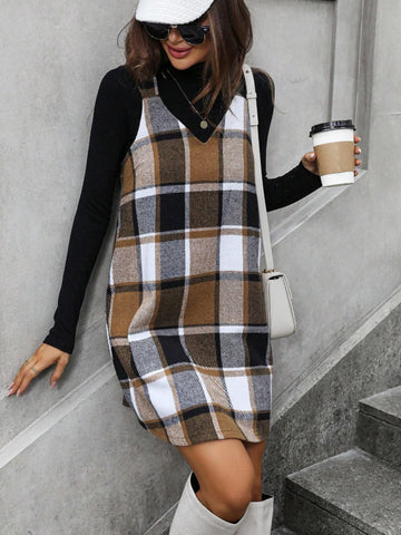 Plaid V-Neck Wide Strap Dress