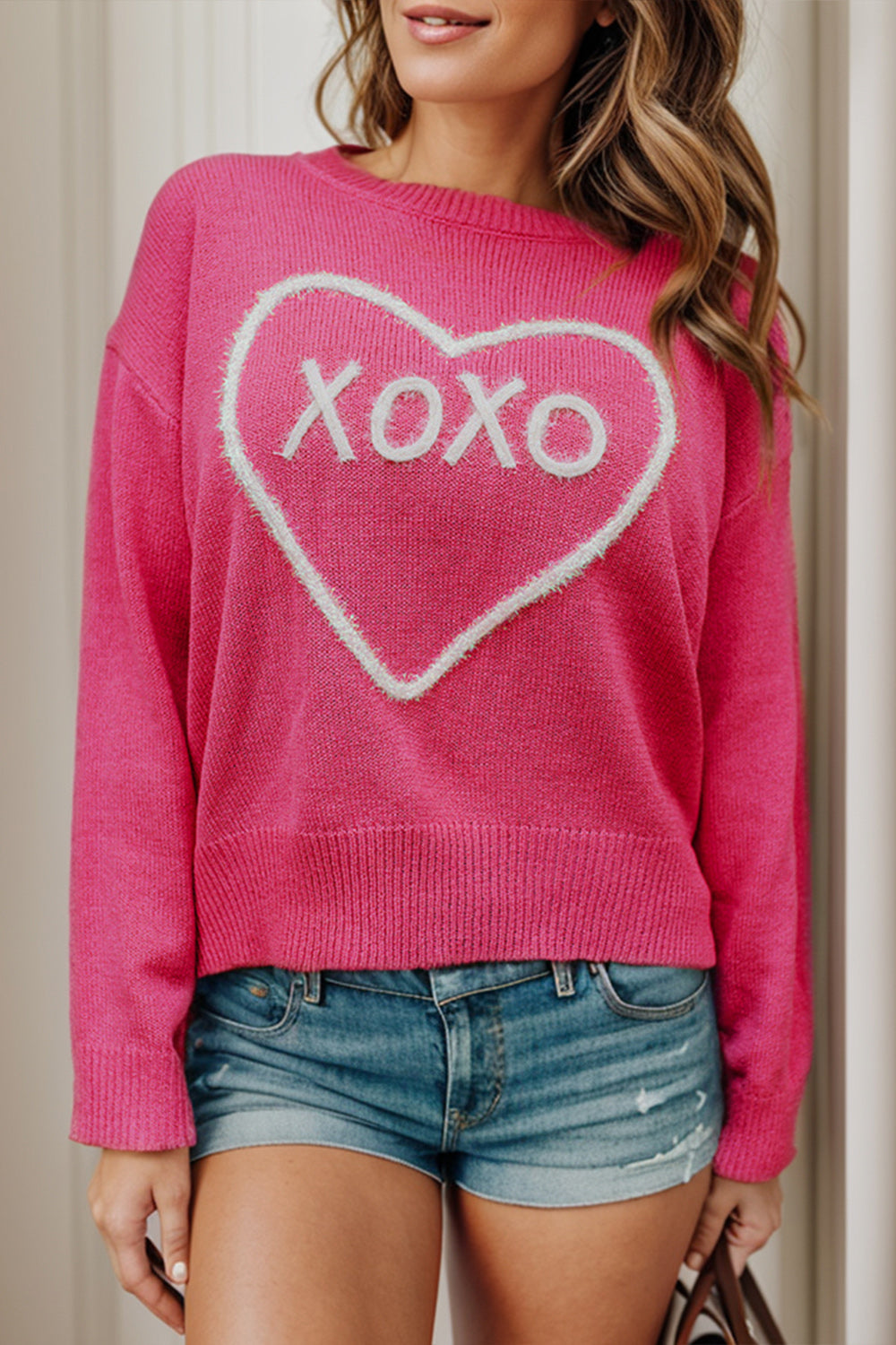 Heart Round Neck Dropped Shoulder Sweater