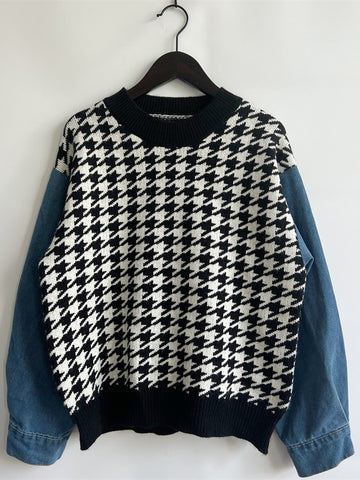 Hounds tooth Denim Sleeve Sweater