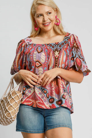 Full Size Abstract Print Smocked Square Neck Puff Sleeve Blouse