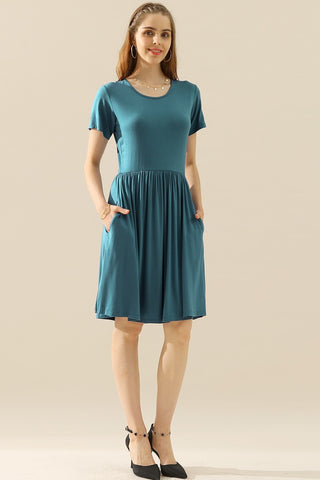 Full Size Round Neck Ruched Dress with Pockets