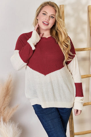 Full Size Color Block Dropped Shoulder Knit Top