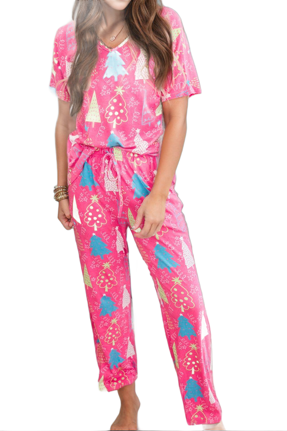 Printed V-Neck Short Sleeve Top and Pants Lounge Set