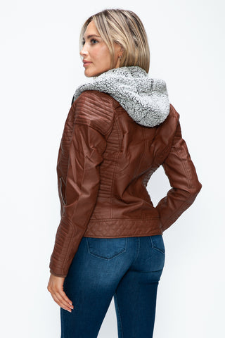 MI Faux Layered Double-Zipper Jacket with Fuzzy Hood