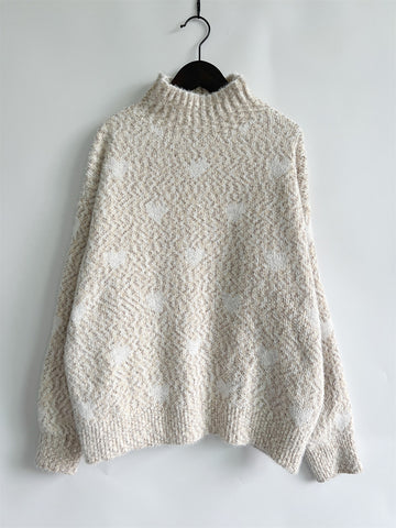 Heart Feathered Turtleneck Drop Shoulder Sweater