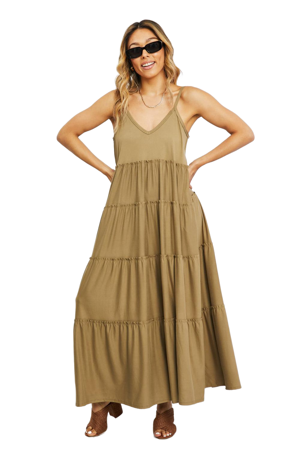 Full Size Spaghetti Strap Tiered Dress with Pockets in Khaki