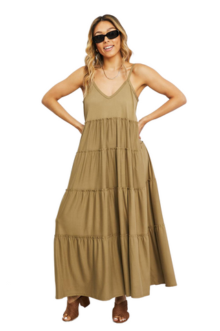 Full Size Spaghetti Strap Tiered Dress with Pockets in Khaki