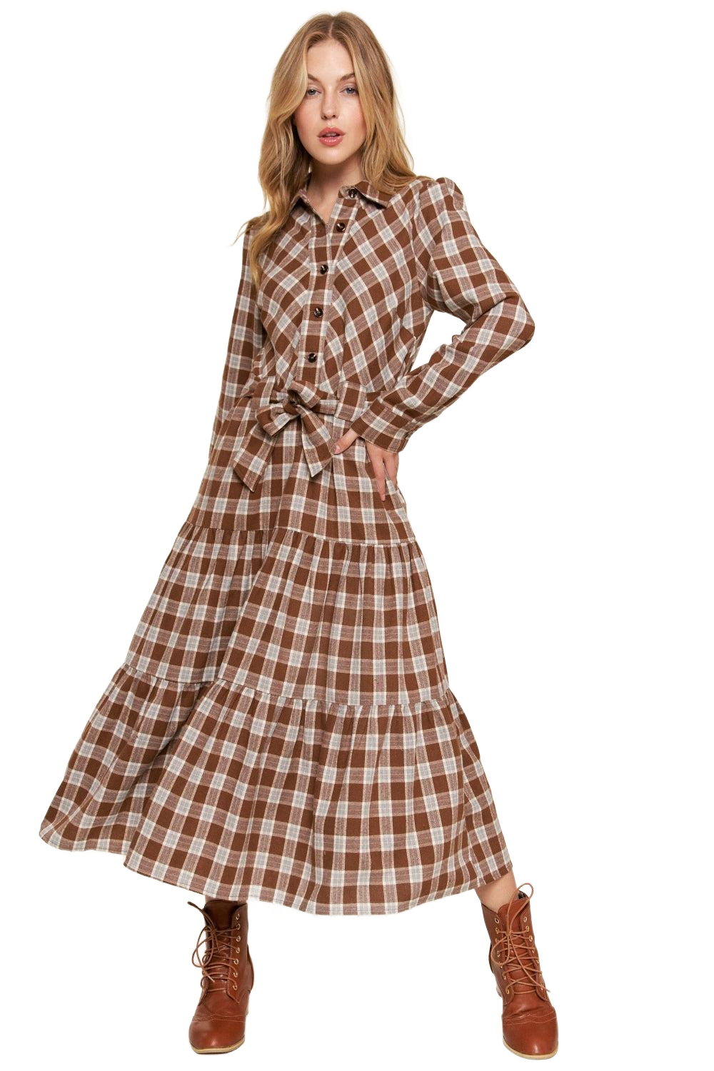 Plaid Tiered Midi Shirt Dress